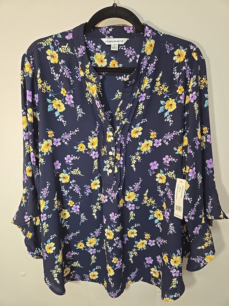NWT Counterparts Women's XL Floral Blouse 3/4 Bell Sleeve