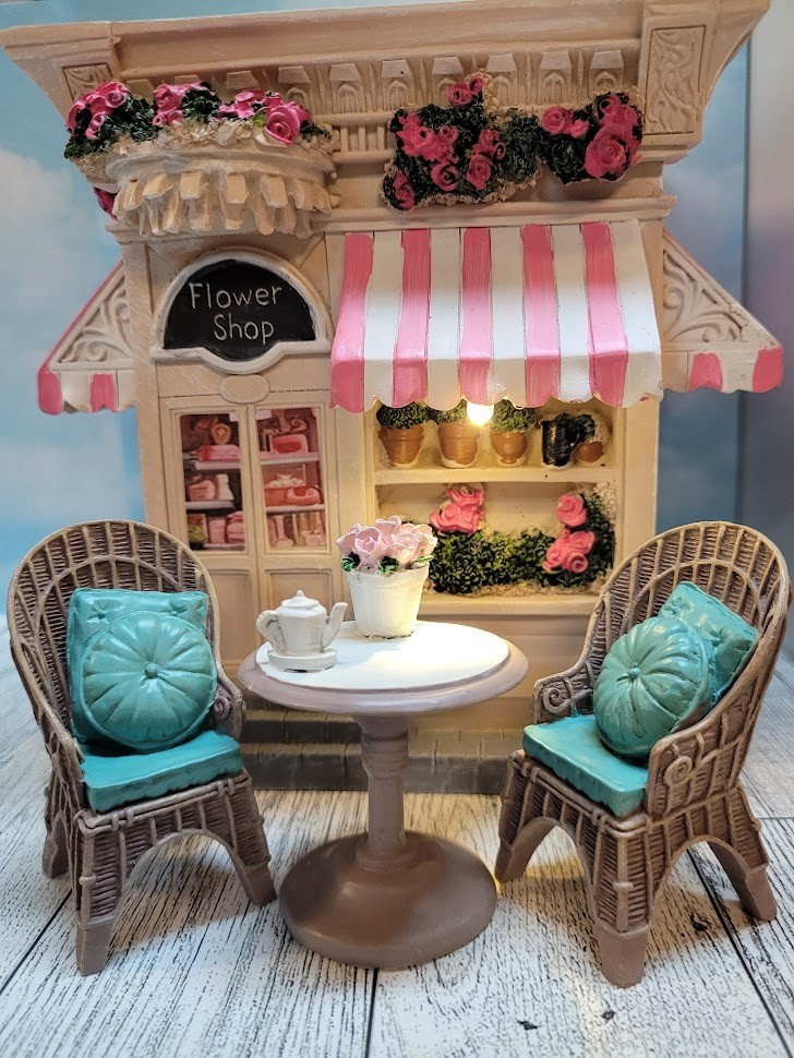 1:12 Mini Teal Resin Wicker Bistro Set with Table & 2 Chairs for Dollhouse