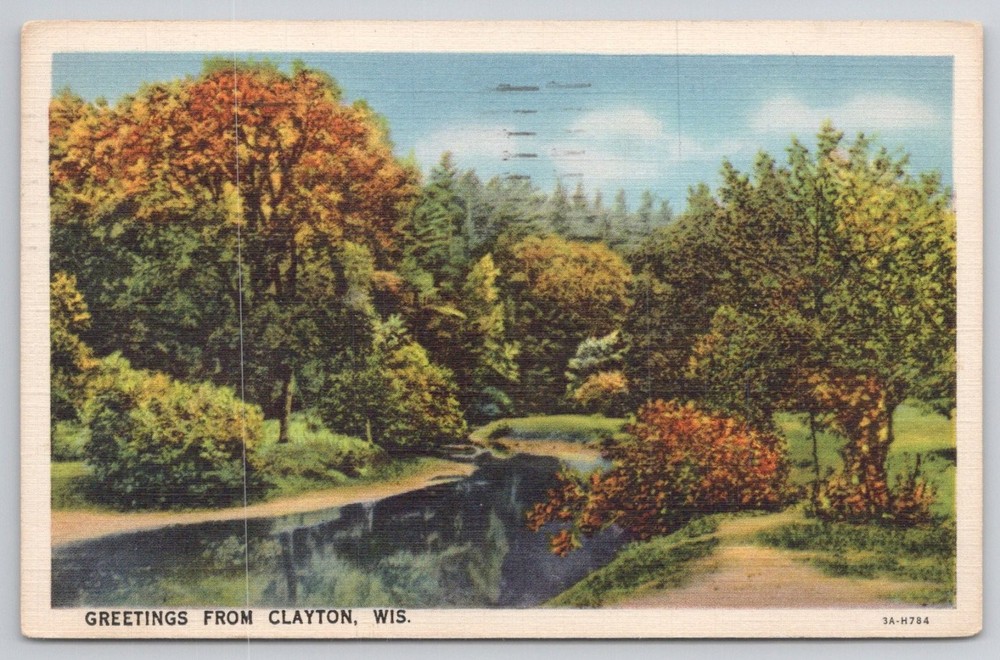 1935 Clayton, WIS. Scenic Woods & Stream Curt Teich Linen Postcard Posted