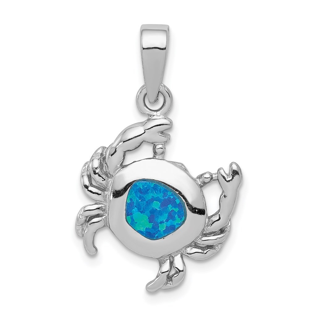 Sterling Silver Rhodium-plated Blue Inlay Lab Created Opal Crab Pendant 2.53gm