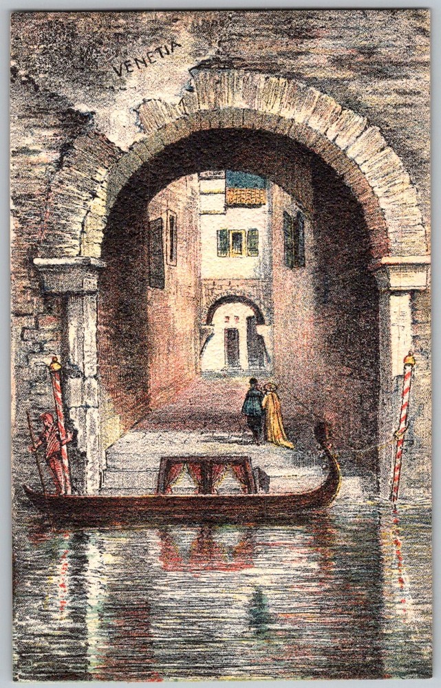 Antique Postcard Gondola Archway Scene Venice, It 1910s