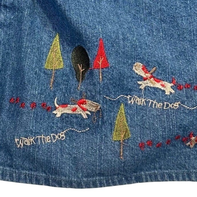 Christopher & Banks Denim Shirt Women's L Blue Walk The Dog Embroidered Spring