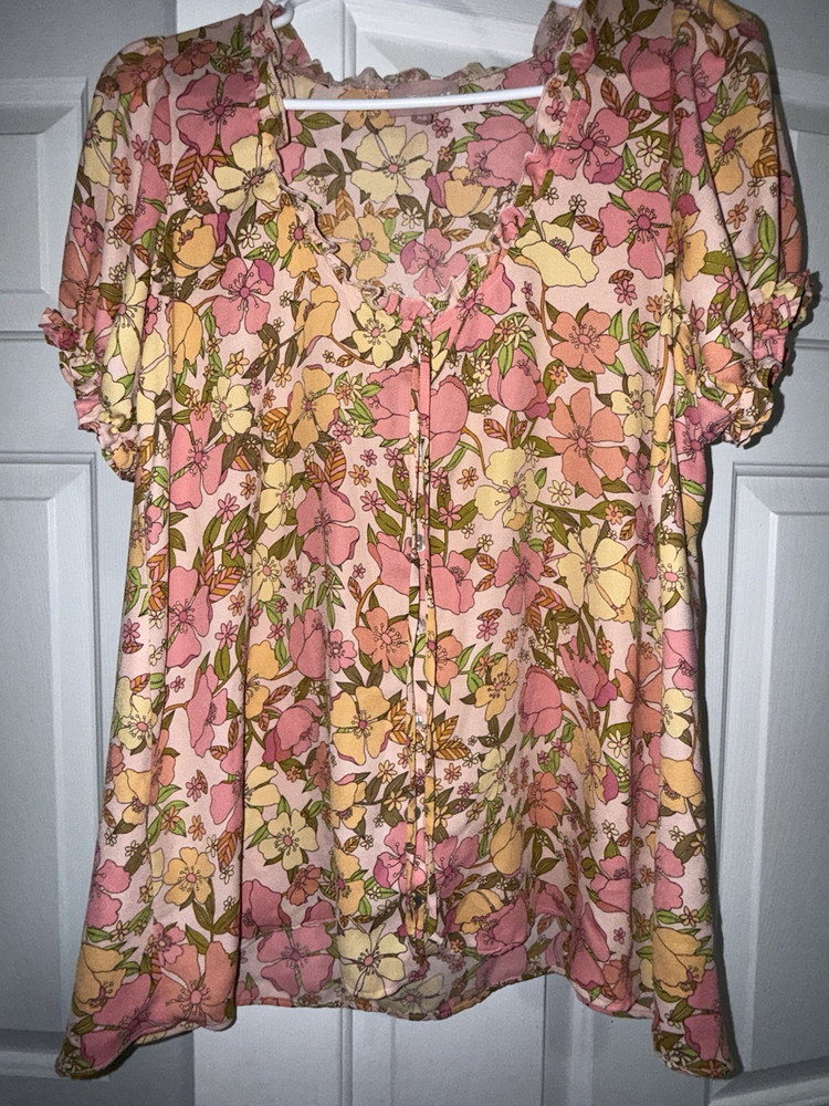 Show Me Your Mumu Women's XS Pink Yellow Green Floral Puff Sleeve Tie Blouse 70s