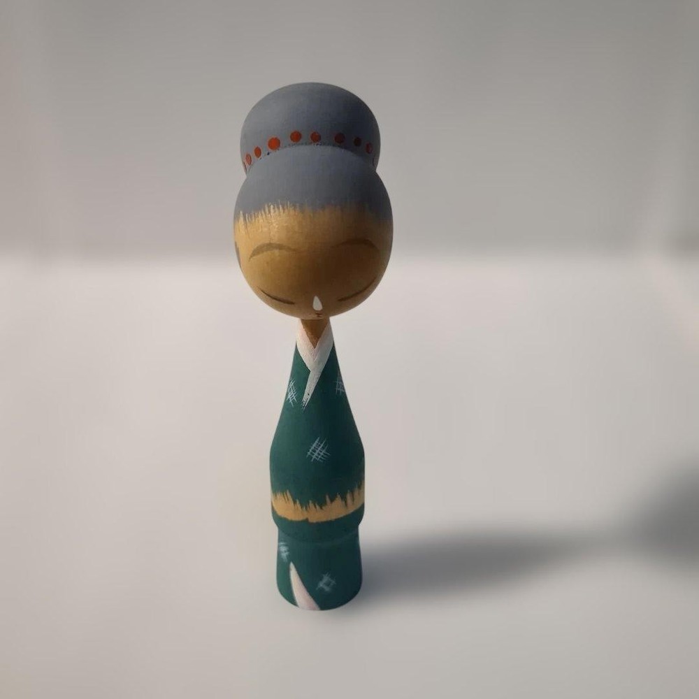 Kokeshi Doll Wooden Smile Design Traditional Green Gray Red Accents 9cm