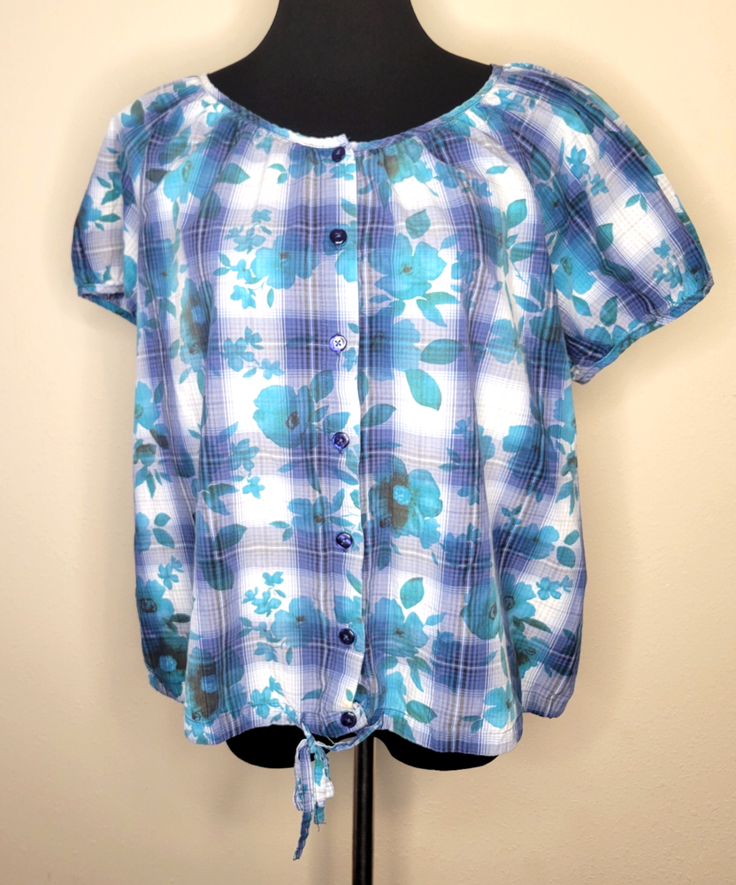 CHRISTOPHER & BANKS Women's XL Plaid Button Front Top Short Sleeves Floral Shirt