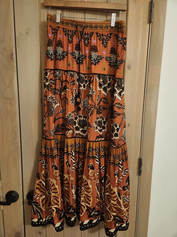Rachel Zoe Rust Parrot Pineapple Floral Satin Boho Maxi Skirt Size Small