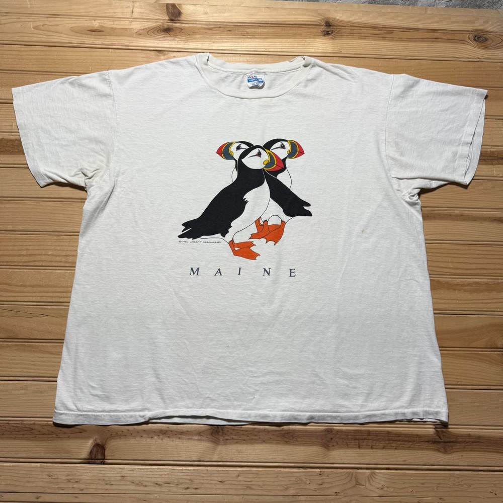 Vintage 1986 Maine Puffins Nature Single Stitch Graphic Souvenir T-Shirt USA XXL