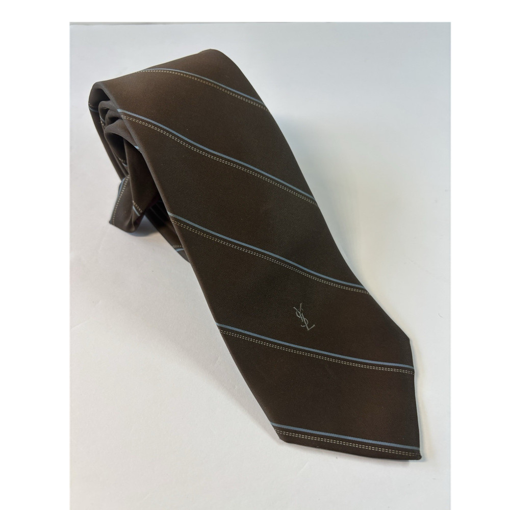 Vintage Yves Saint Laurent Brown Blue White Striped 100 % Silk Men's Tie