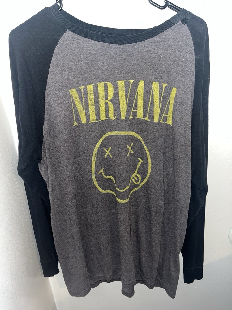 Nirvana Men's Gray Black Graphic Raglan Crew Neck Long Sleeve T-Shirt XL