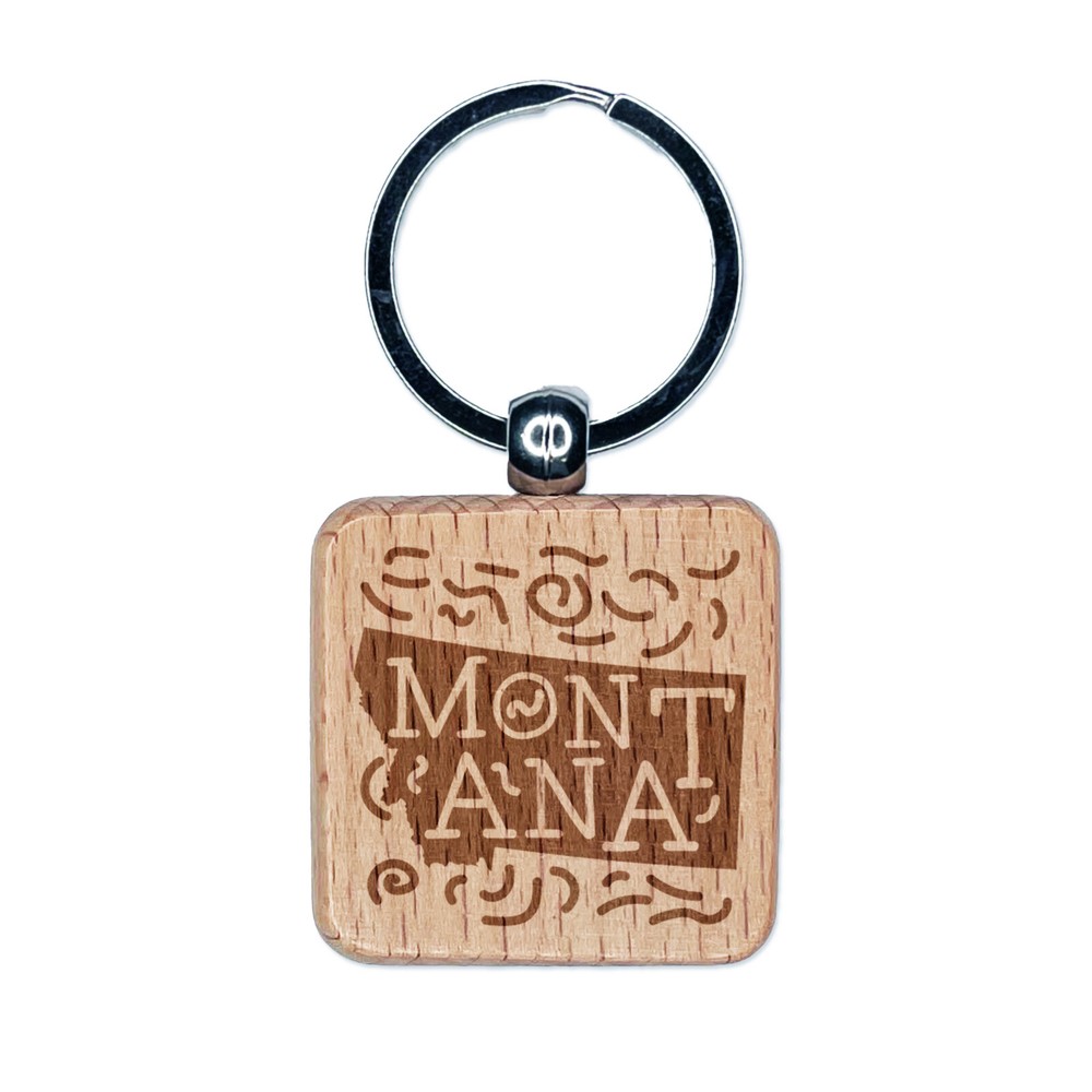 Montana State Engraved Wood Keychain with Swirl Design