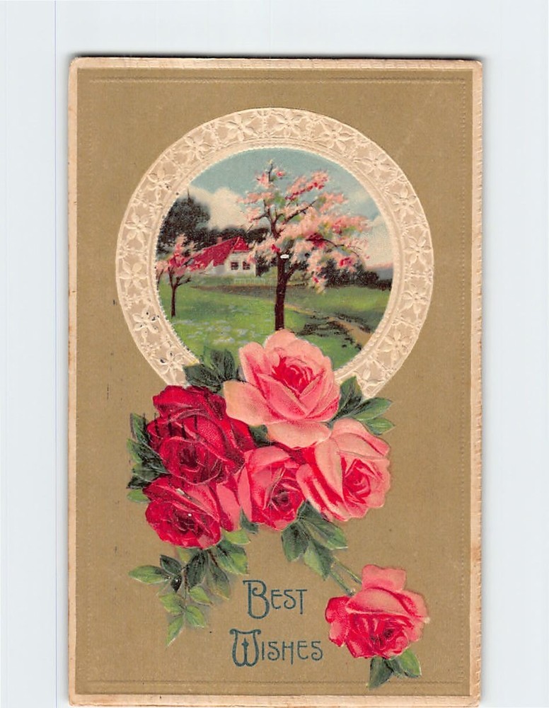 Postcard Embossed Floral and Rural Scene Art Print Best Wishes Greeting Card