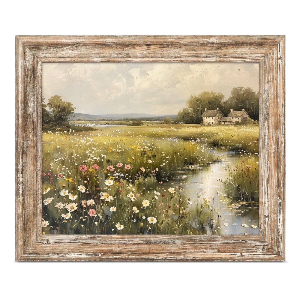 Framed Vintage Wall Art 8x10 inch, Rustic Landscape & Wildflower Canvas Print...