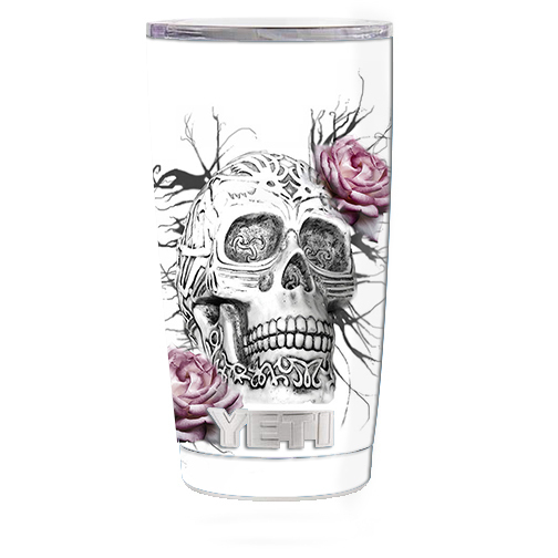 Skin Decal for Yeti 20 oz Rambler Tumbler Cup / Roses in Skull