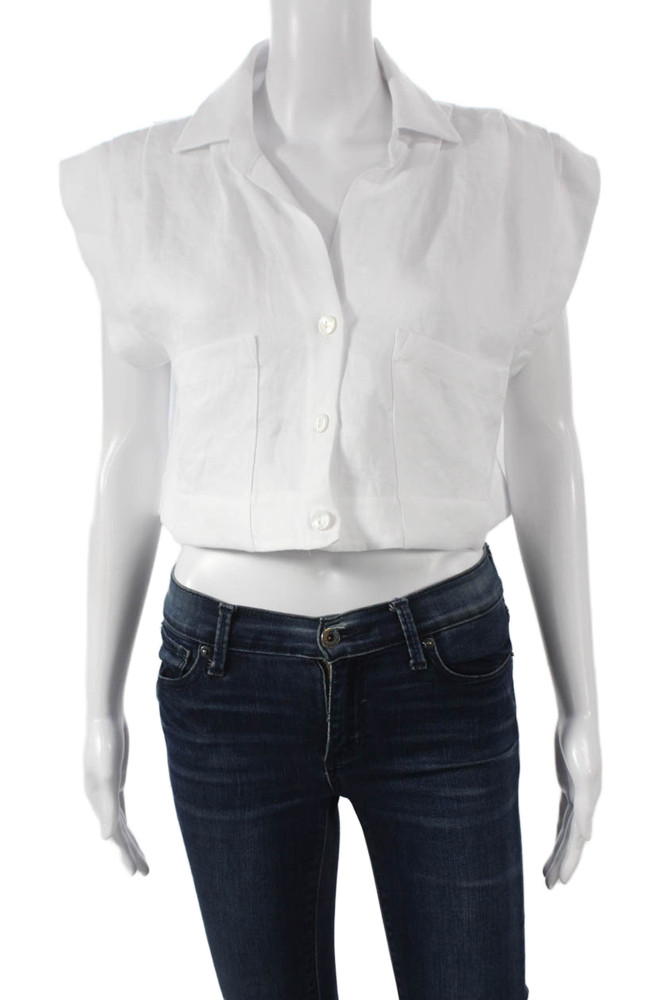 JBQ Women Cropped Collared Sleeveless Hemp White Blouse Spring Size SFree Shipping in US $100+ Orders | $6.95 Orders Below