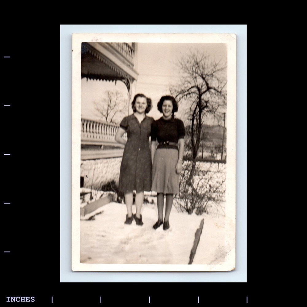 Vintage Photo WOMEN OUTSIDE HOUSE SNOW WINTER SCENE