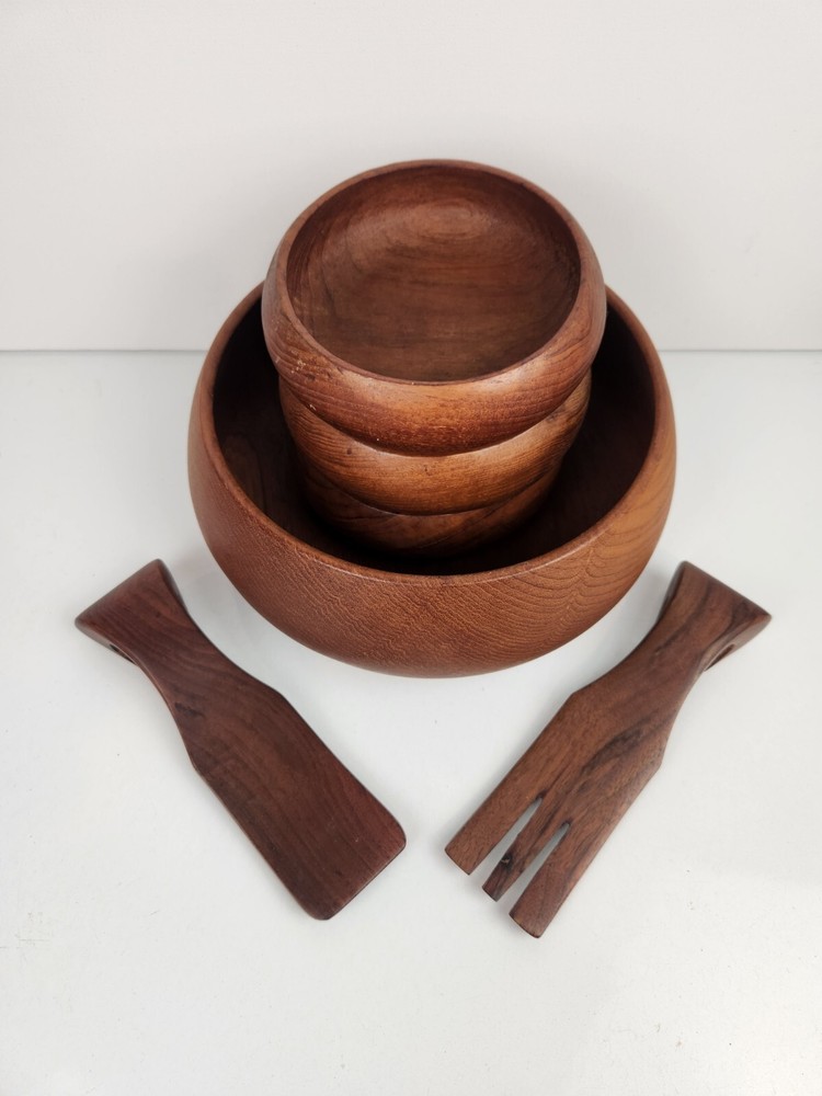 Vintage Mid Century Wooden Salad Bowl Set Of 6 Made In Thailand