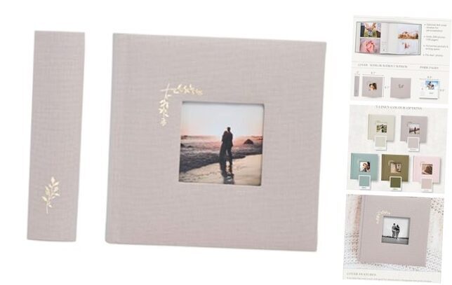 Elegant Linen Photo Album - 200 Acid-Free 200 pockets Taupe/Grey With Window-image