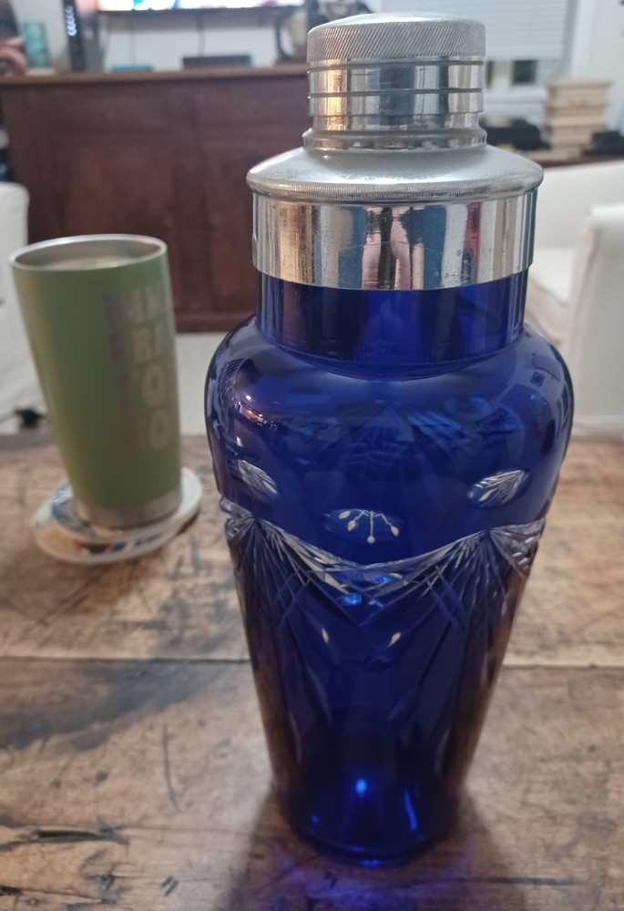 Vintage Bohemian Cobalt Blue Cocktail Shaker with Original Topper