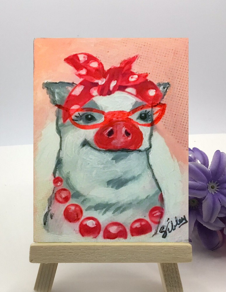 FUNNY PIG IN GLASSES Miniature ACEO PRINT 2.5”