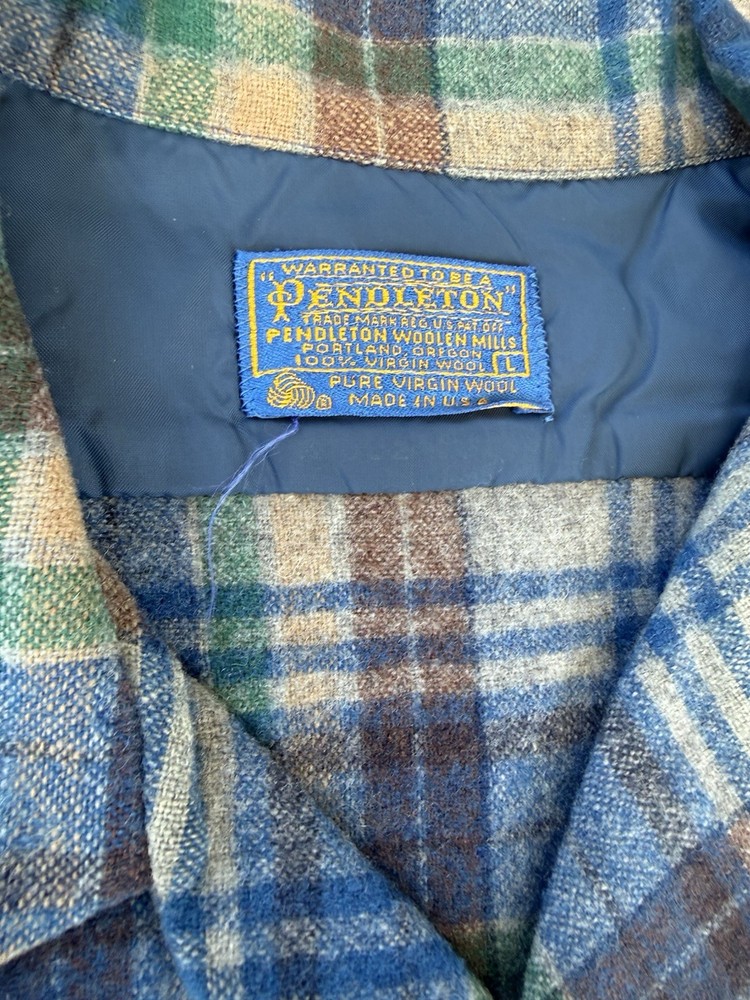 Pendleton Wool Board Shirt Men 70s Vintage Green Plaid Long Sleeve