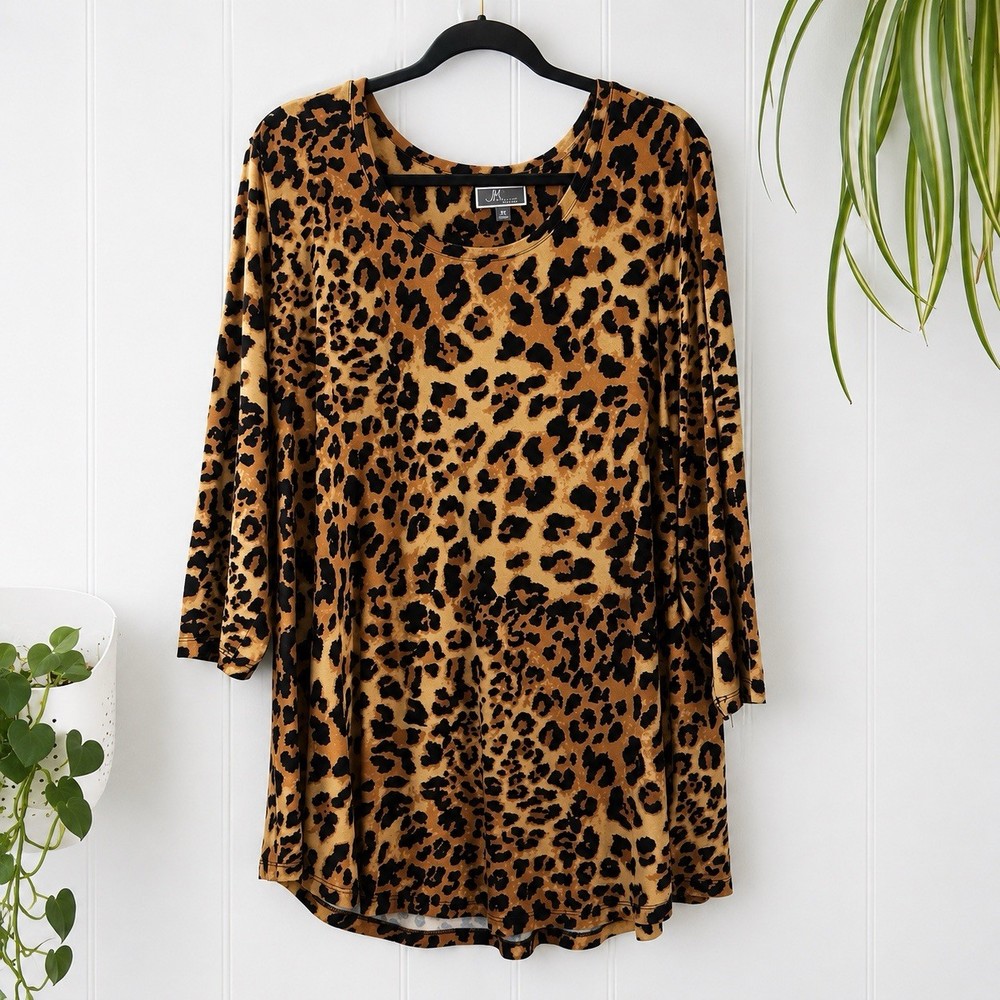 JM Collection Leopard Print Tunic Top Womens Plus Size 3X 3/4 Sleeve Knit Stretc