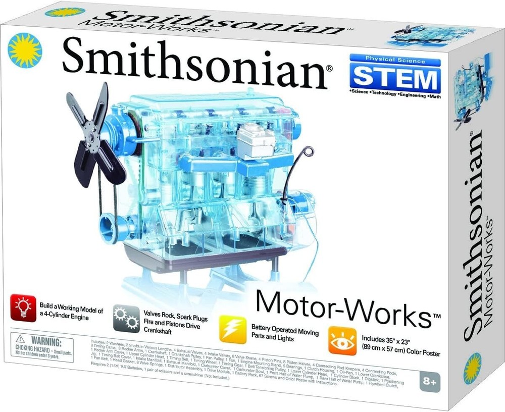 Smithsonian Motor-Works Blue STEM Building Kit 2022 Working 4 Cylinder Engine
