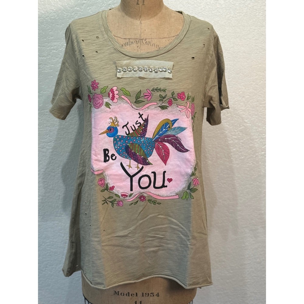 A Rare Bird Just Be You Graphic Tee Distressed Embellished Sage Green S/M NWT