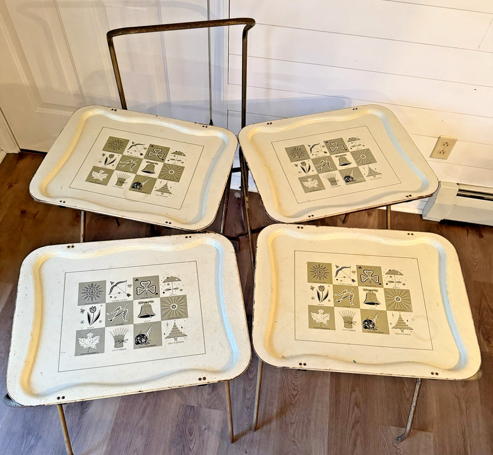 Vintage 1950s Metal TV Trays Set of 4 w/ Stand Holder Months Of The Year