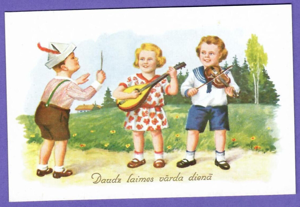LATVIA CHILDREN playing MUSIC violin VINTAGE POSTCARD 7267