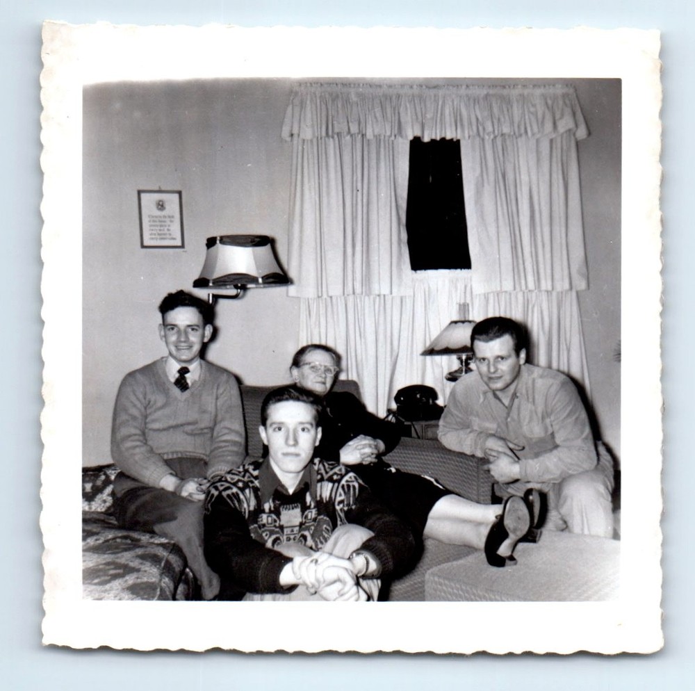 Old Vintage Square Photo MEN WOMAN IN LIVING ROOM SNAPSHOT PHOTOGRAPH