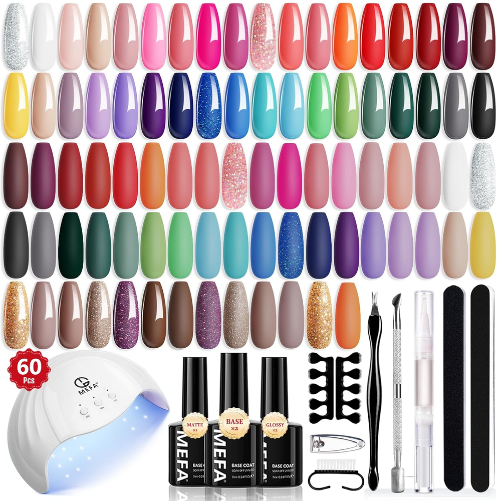60-Piece Gel Nail Polish Kit with UV Light - 42 All-Season Nude Colors & Base Coat