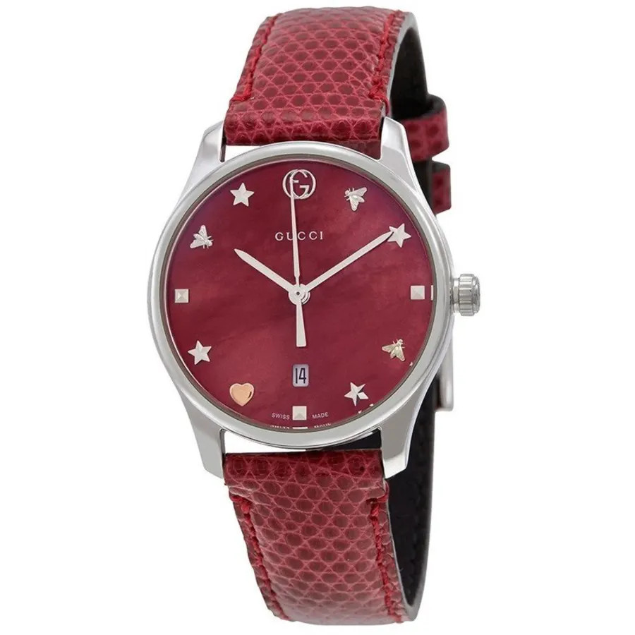 Gucci G-Timeless Women's Watch with Red Mother of Pearl Dial & Leather Strap YA126584