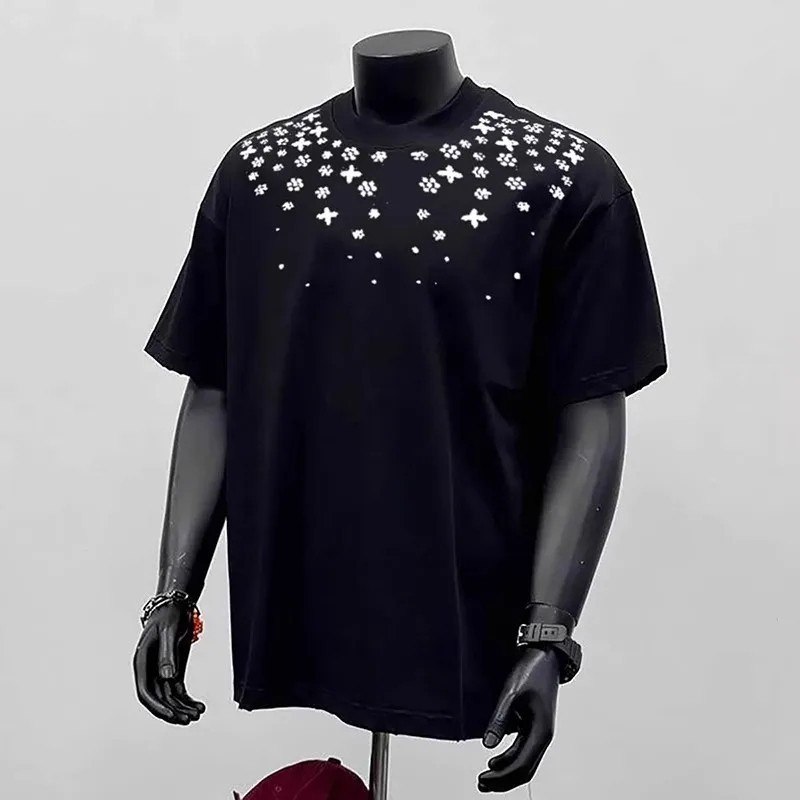 Men's Floral Rhinestone Short Sleeve Tee Luxury Sparkly Casual Mock Neck T-Shirt