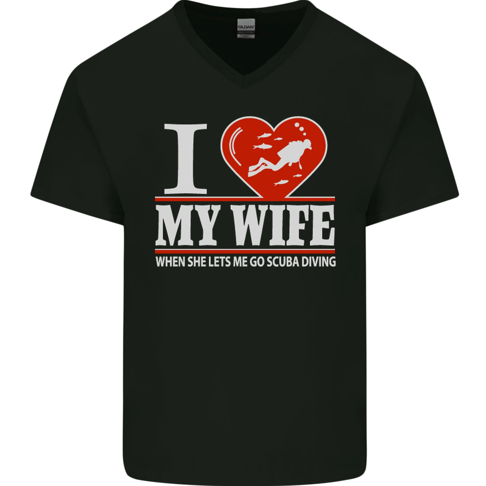 I Heart My Wife Scuba Diving Diver Dive Mens V-Neck Cotton T-Shirt