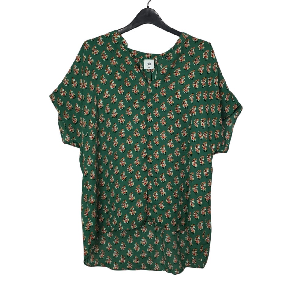CAbi Womens Stevie Top Blouse Shirt Green Floral Bouquet Short Sleeve Hi-Low XL