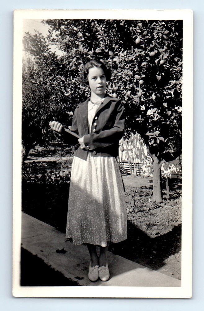Old Vintage Photo TEEN GIRL STANDING ON WALKWAY IN YARD ANTIQUE SNAPSHOT