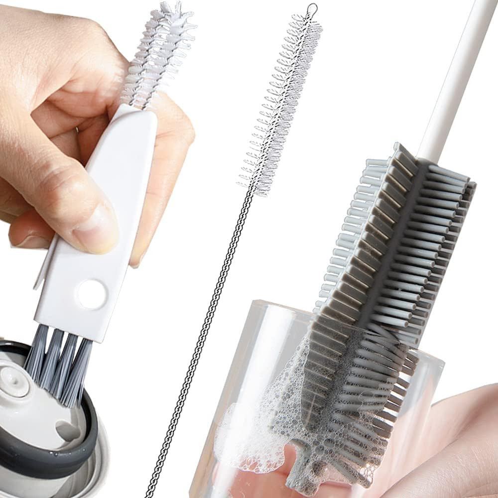 Long Handle Silicone Bottle Cleaning Brush Set in Gray and White