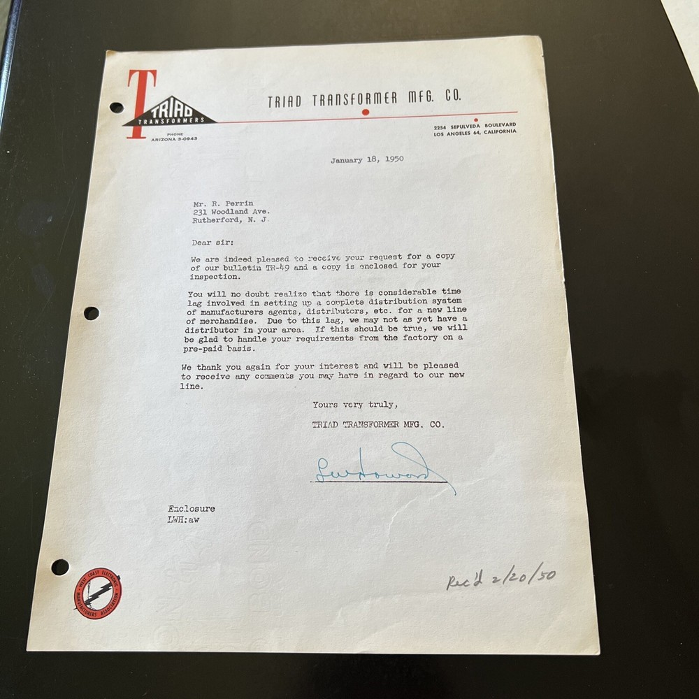 1950 Triad Transformers Letterhead Stationery Signed by LW Howard
