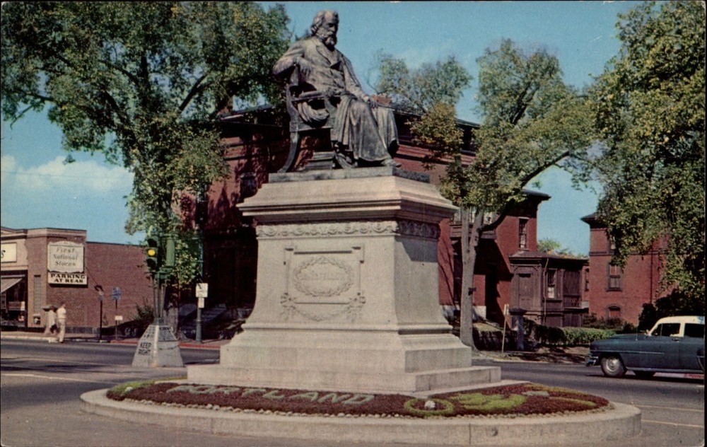 Portland Maine Longfellow Monument writer poet 1950s car vintage postcard