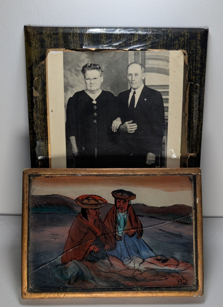 Vintage Reverse Glass Painting Folk Art Framed Signed Fuka