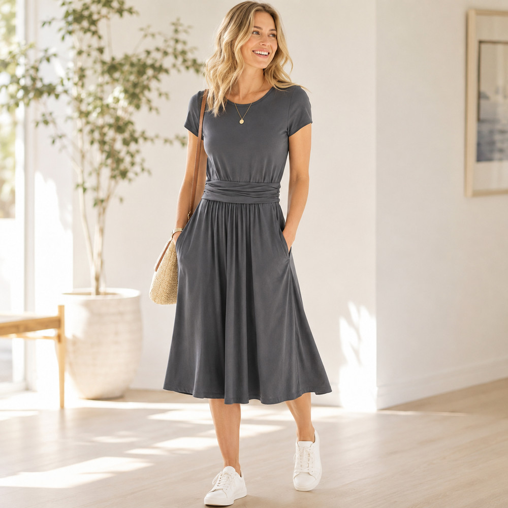 Quince Tencel Jersey Midi Dress Gray Ruched Waist Pockets Women's Large