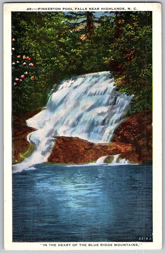 Vtg Linen Postcard Pinkerton Pool Falls Highlands, NC 1930s