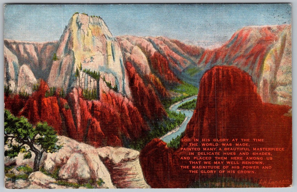 Vtg Linen Postcard View Zion National Park, UT 1940s