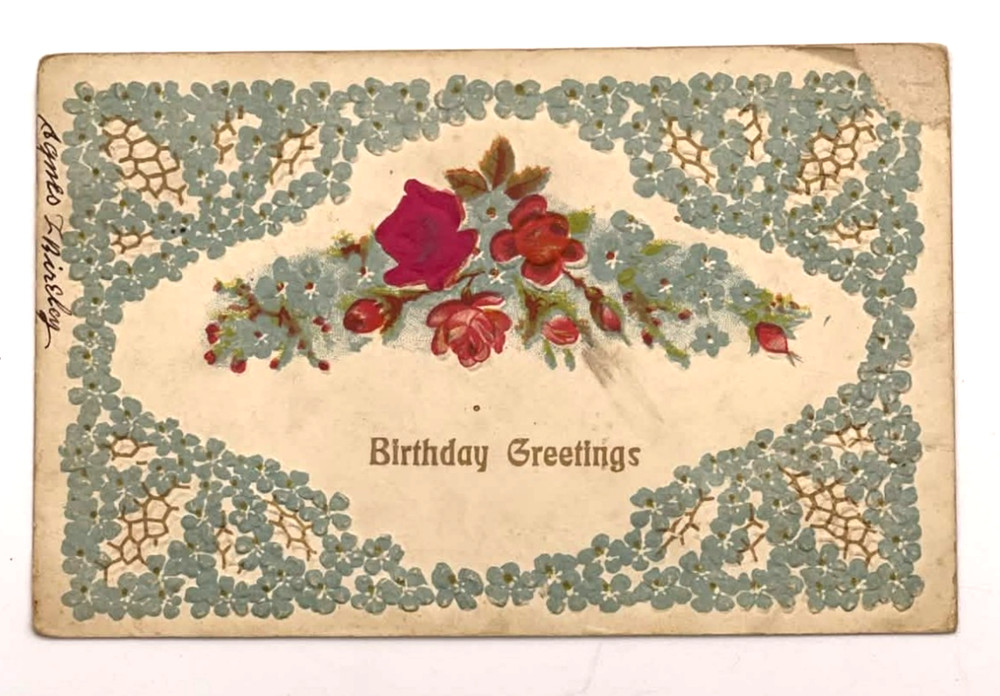 Antique Embossed Floral Roses Birthday Greetings Postcard Blue Border
