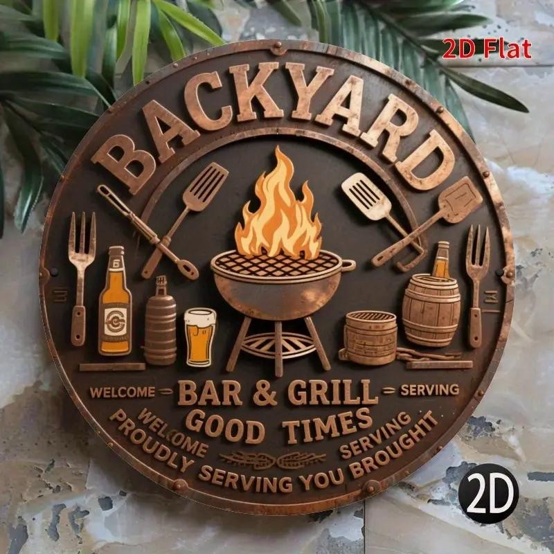 Backyard Bar & Grill BBQ Beer Grill Tools Metal Sign Rustic Patio Outdoor Decor