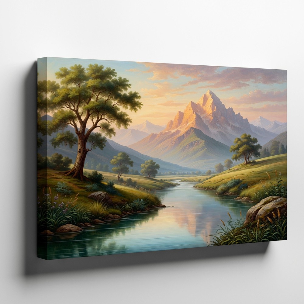 Mountain Landscape Canvas Wall Art River Trees Reflection Scenic Nature Print