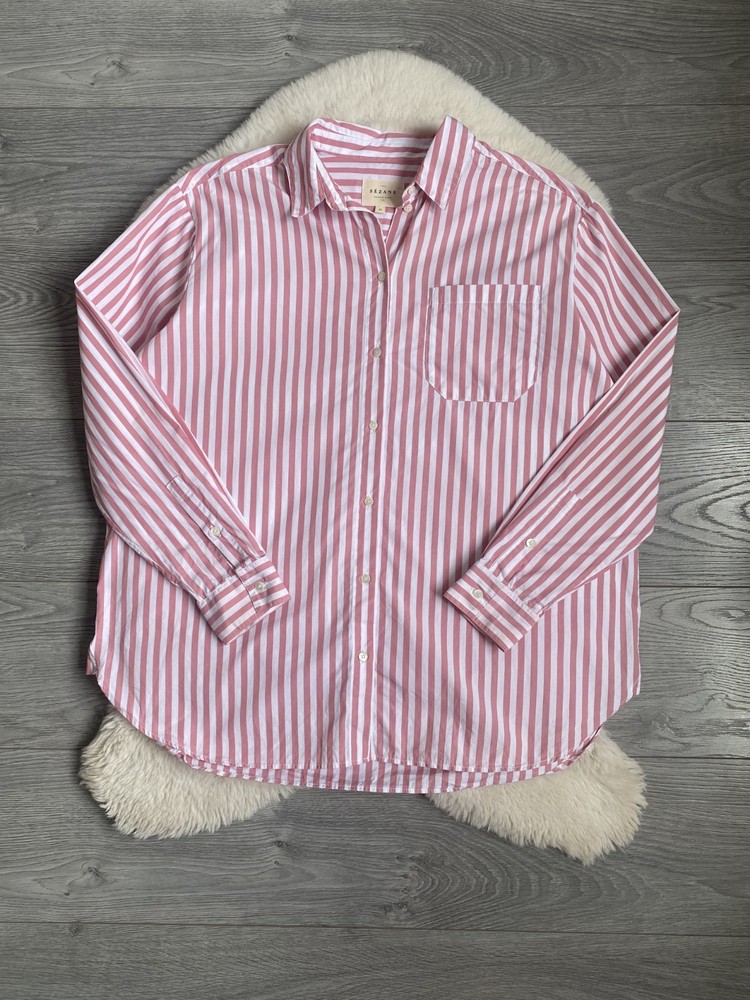 SEZANE Max Shirt Pink White Striped Oversized Cotton Button Up Blouse Size 38 M