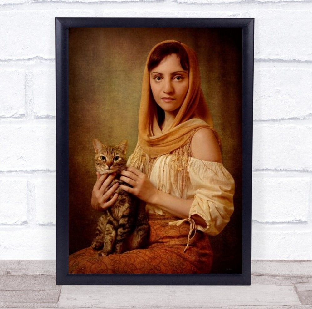 Four Green Eyes Lady Cat Old Woman Portrait Wall Art Print
