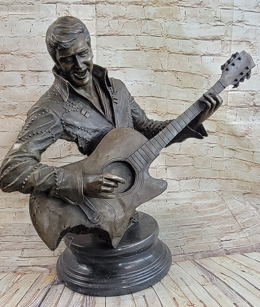 Abstract Art Sculpture Copper Real Bronze Marble Singer Guitar Figurine Gift NR-image