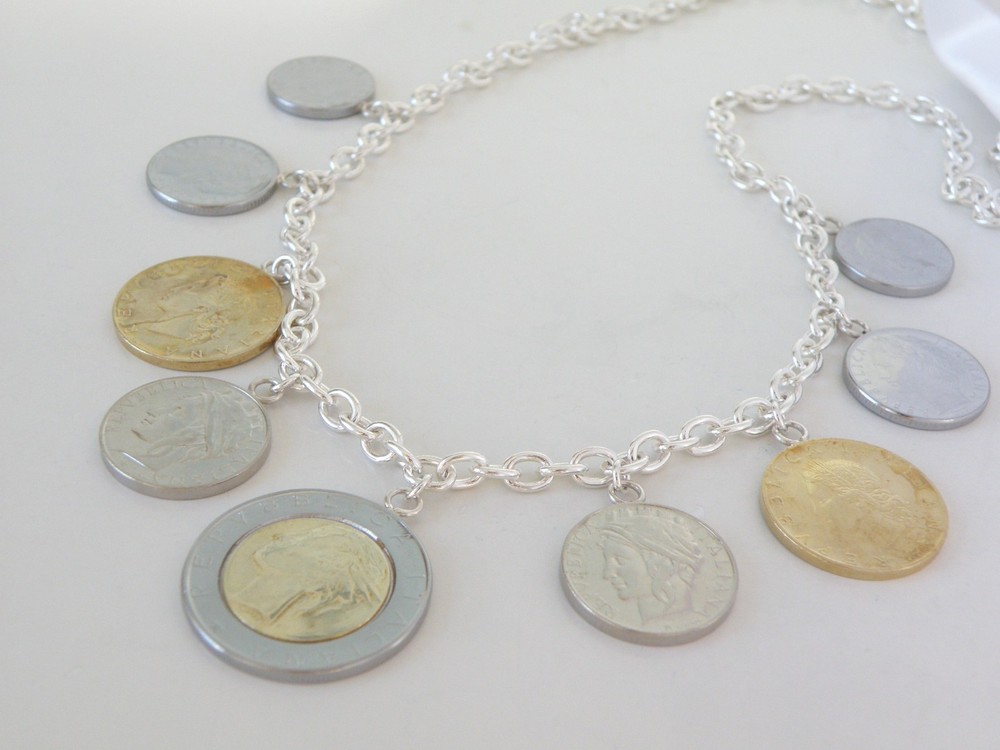 Milor Italy Sterling Silver 925 Real Money Coin Charm Rolo Link Necklace 20